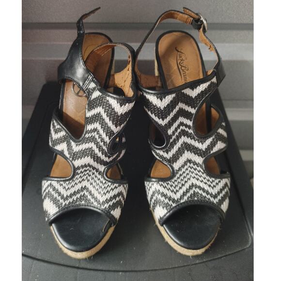 Lucky Brand Espadrille Sandals Wedge Sz 10 Black White Woven Aztec - Picture 3 of 6